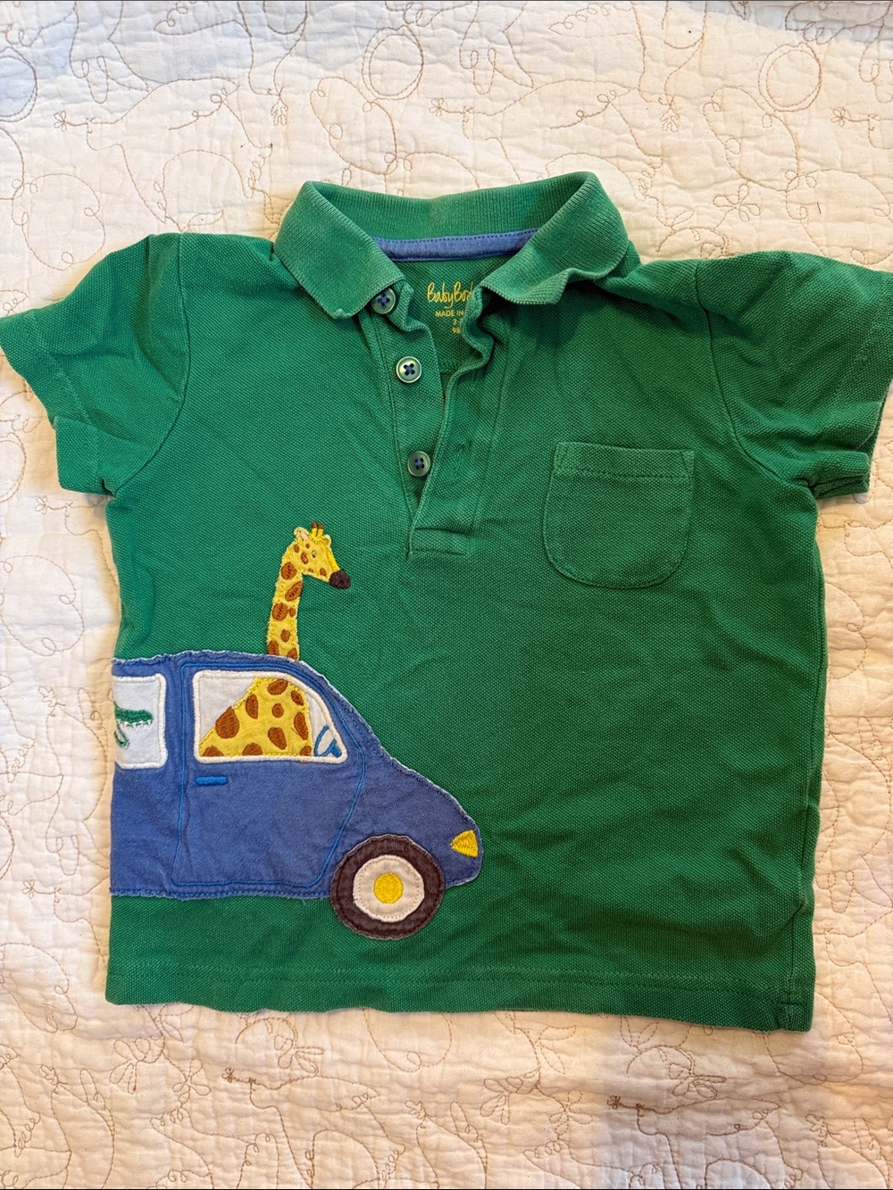 Baby Mini Boden Green Polo with Giraffe & Blue Car Applique
